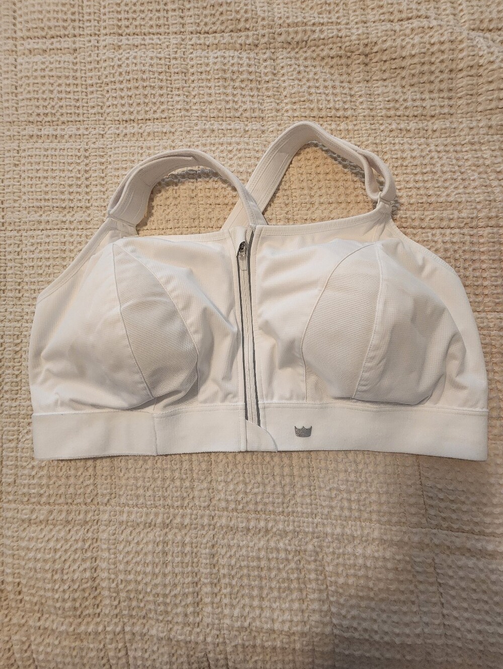 SheFit White Front-Zip High Impact Sports Bra Adjust Straps/Band Sz 5Luxe
